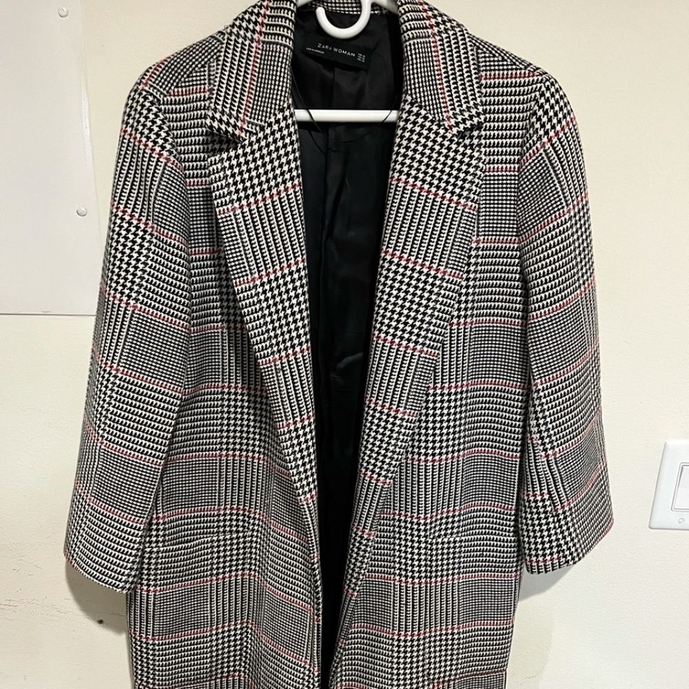 Zara Houndstooth Open Coat Long Blazer Black Ivory Red Size 14, XL
